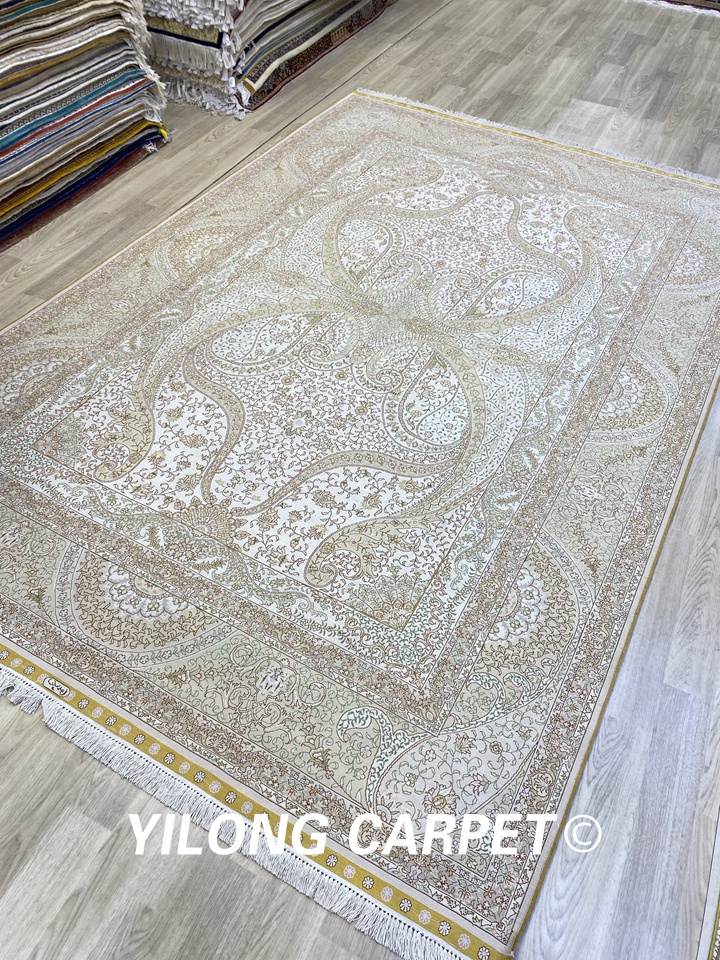 Yilong Carpet 5x8ft Silk Persian Carpet Handmade Floral Oriental Area Rug Pad for Home Office Ivory&Red 
